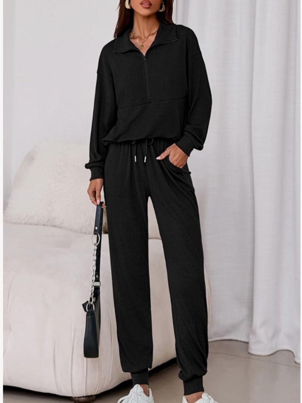 Black Women's Zip-Neck Jogger Set